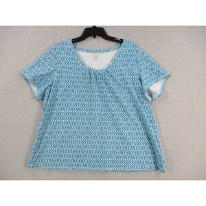 Croft & Barrow Womens Stretch Blouse Blue White Geometric Print 2X